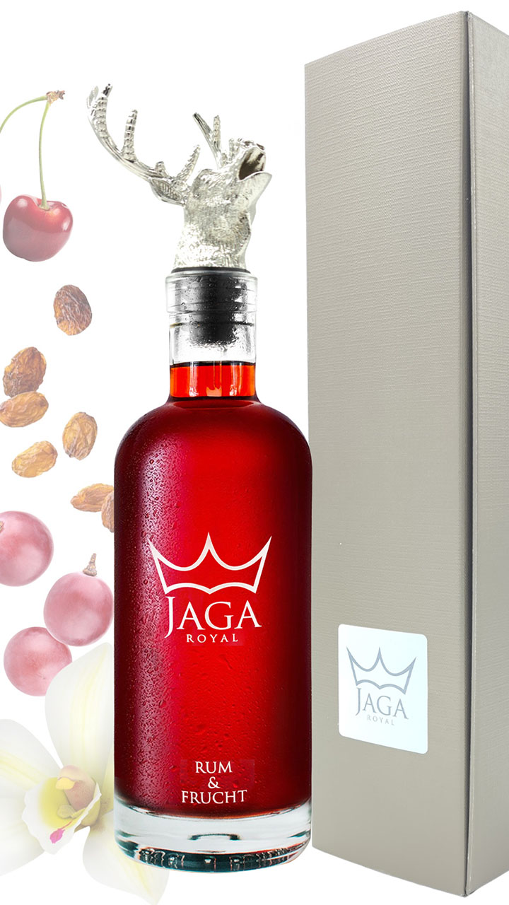 JagaRoyal Rum&Frucht mit Hirschkopfausgießer und Geschenkverpackung.